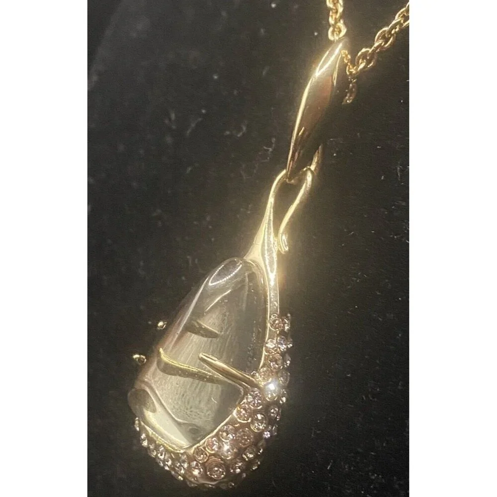 Signed Alexis Bittar Necklace Smoky Mirrored Crystal Teardrop Pendant 32" Gold - Picture 4 of 11